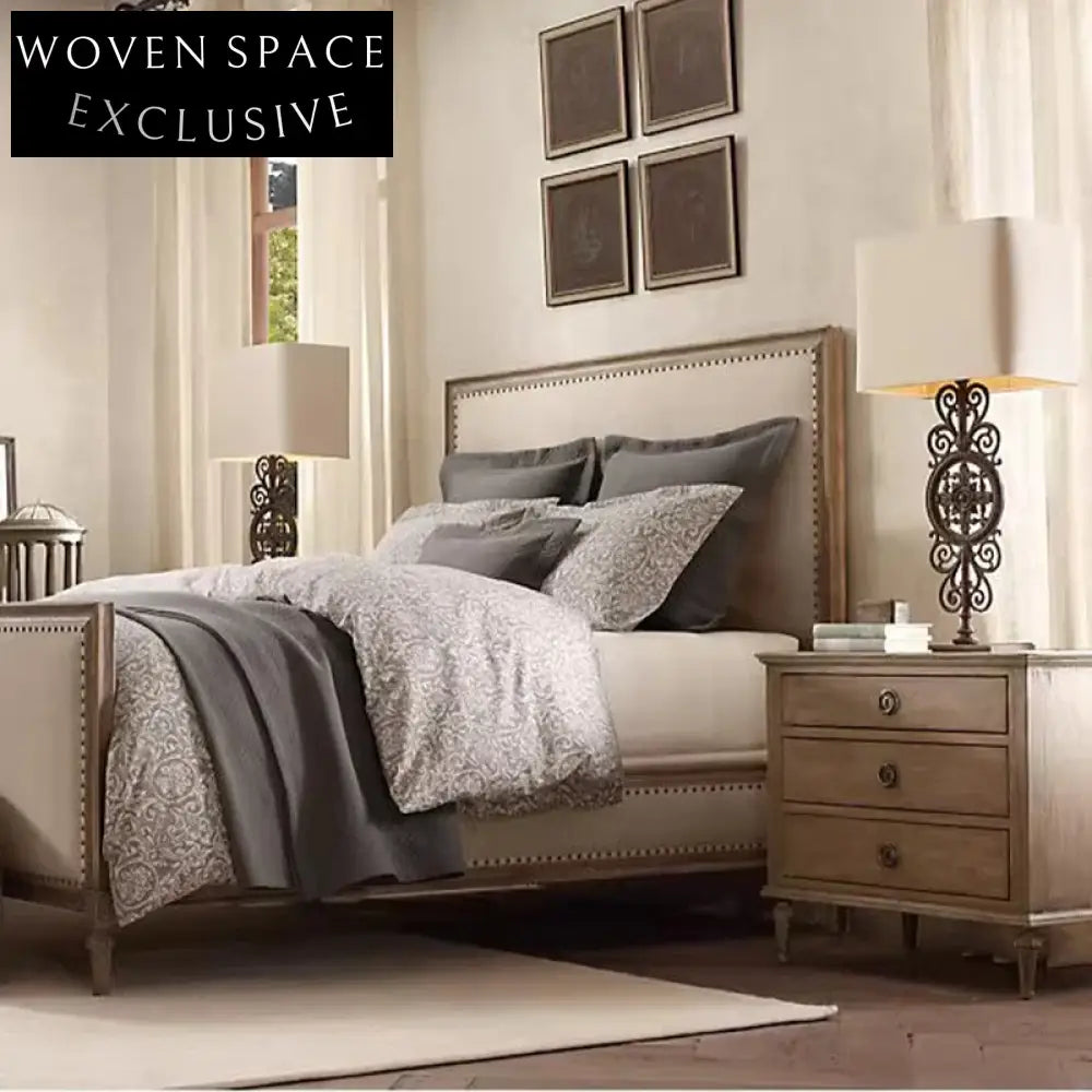 French Retro Oak Wood 3-Drawer Bedside Nightstand for Bedroom