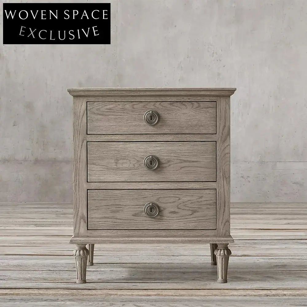 French Retro Oak Wood 3-Drawer Minimalist Square Bedside Nightstand
