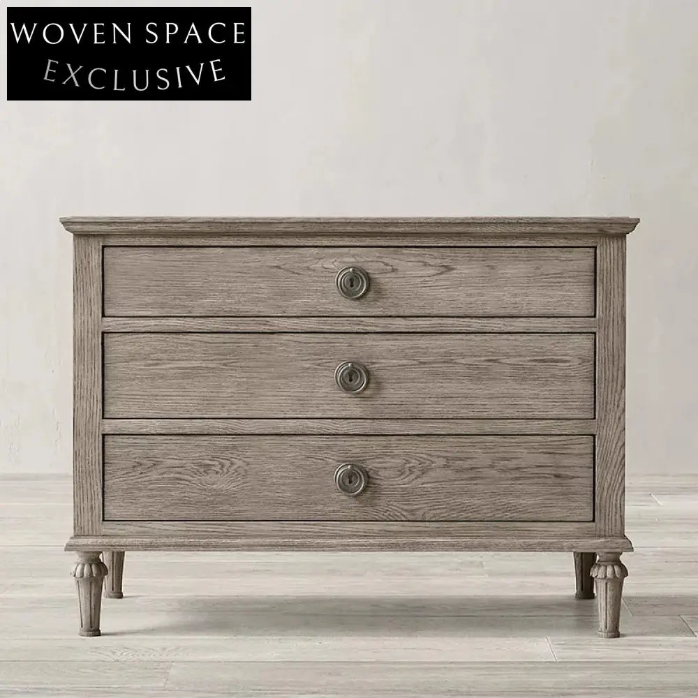 French Retro Oak Wood 3-Drawer Minimalist Square Bedside Nightstand