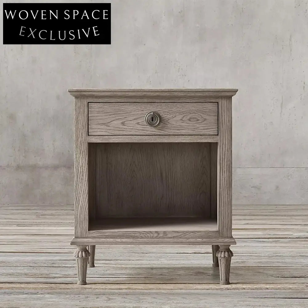 French Retro Oak Wood 3-Drawer Minimalist Square Bedside Nightstand