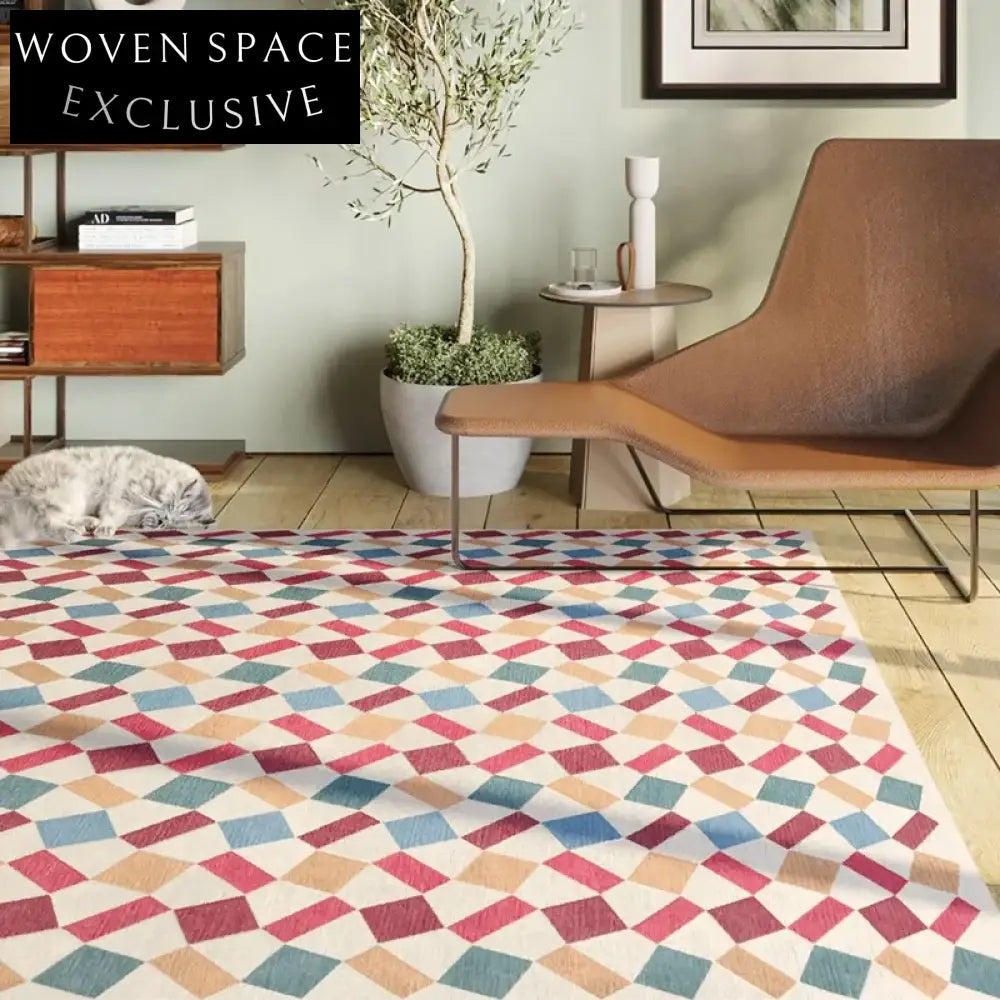French Style Handmade Retro Geometric Carpet for Living Room Bedroom, 13mm Thick