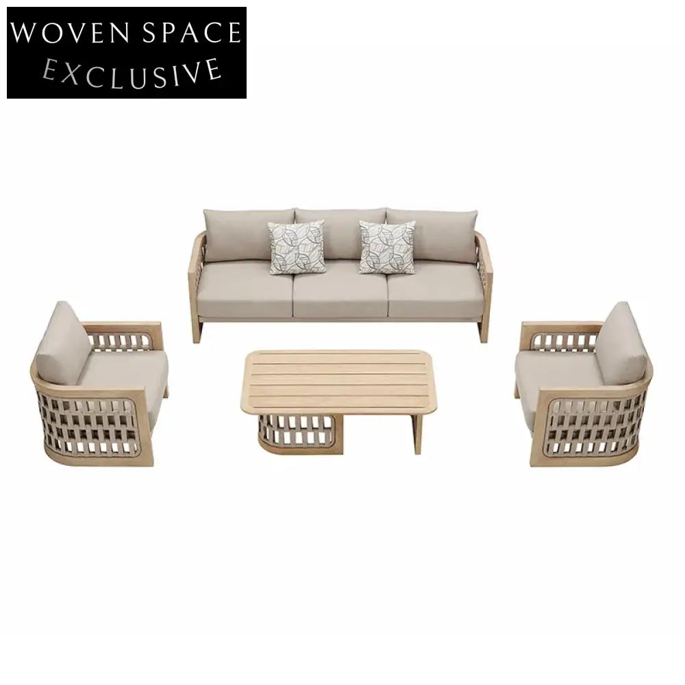 French Style Teak Wood Rattan Rectangle Low Height Outdoor Coffee Table