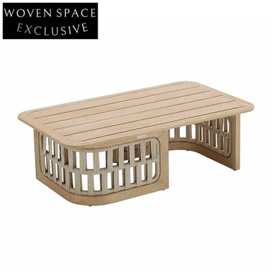 French Style Teak Wood Rattan Rectangle Low Height Outdoor Coffee Table