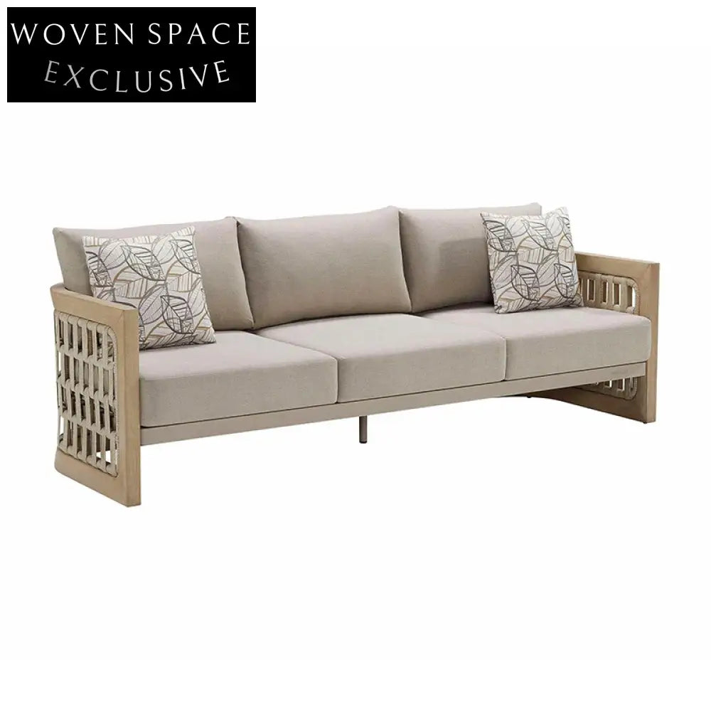 French Teak Wood Rattan Woven Armrest Modular Sectional Outdoor Sofa Set