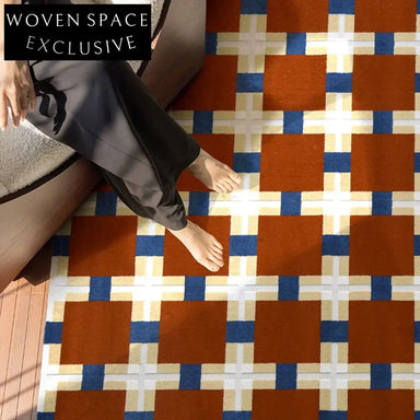 French Vintage Geometric Checkered Machine-Woven Raw Silk Area Rug