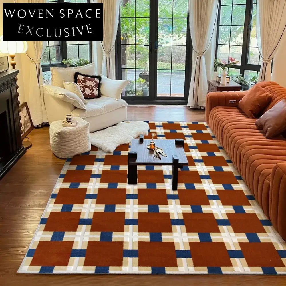 French Vintage Geometric Checkered Machine-Woven Raw Silk Area Rug