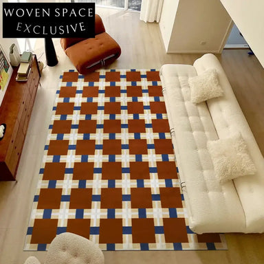 French Vintage Geometric Checkered Machine-Woven Raw Silk Area Rug