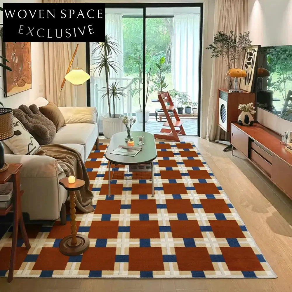 French Vintage Geometric Checkered Machine-Woven Raw Silk Area Rug