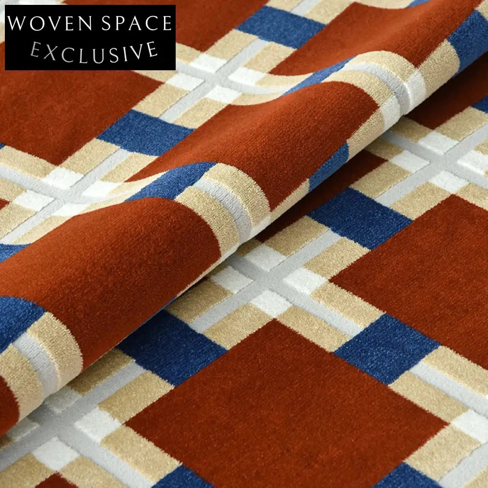 French Vintage Geometric Checkered Machine-Woven Raw Silk Area Rug