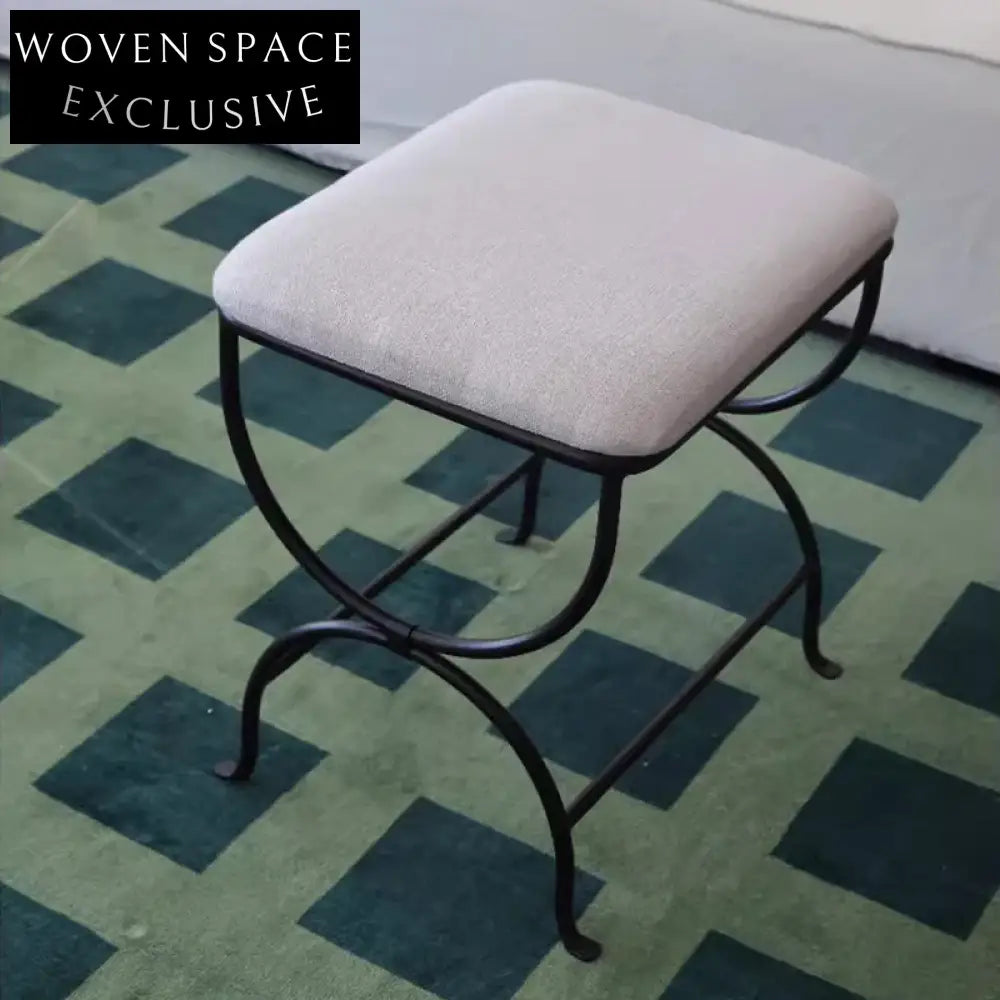 French Vintage Iron Metal Boucle Fabric Upholstered Ottoman Bench