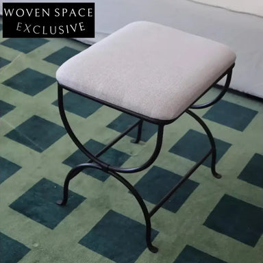 French Vintage Iron Metal Boucle Fabric Upholstered Ottoman Bench