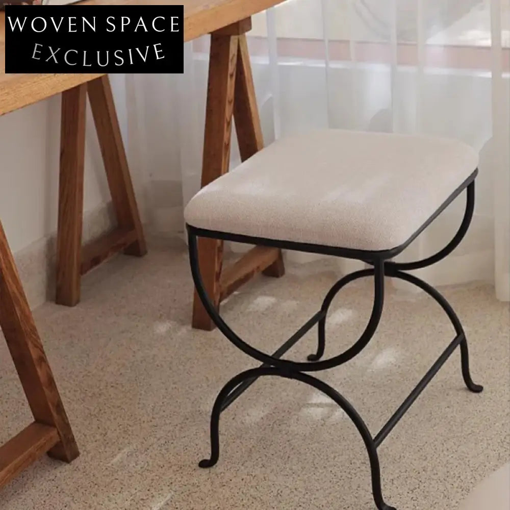 French Vintage Iron Metal Boucle Fabric Upholstered Ottoman Bench