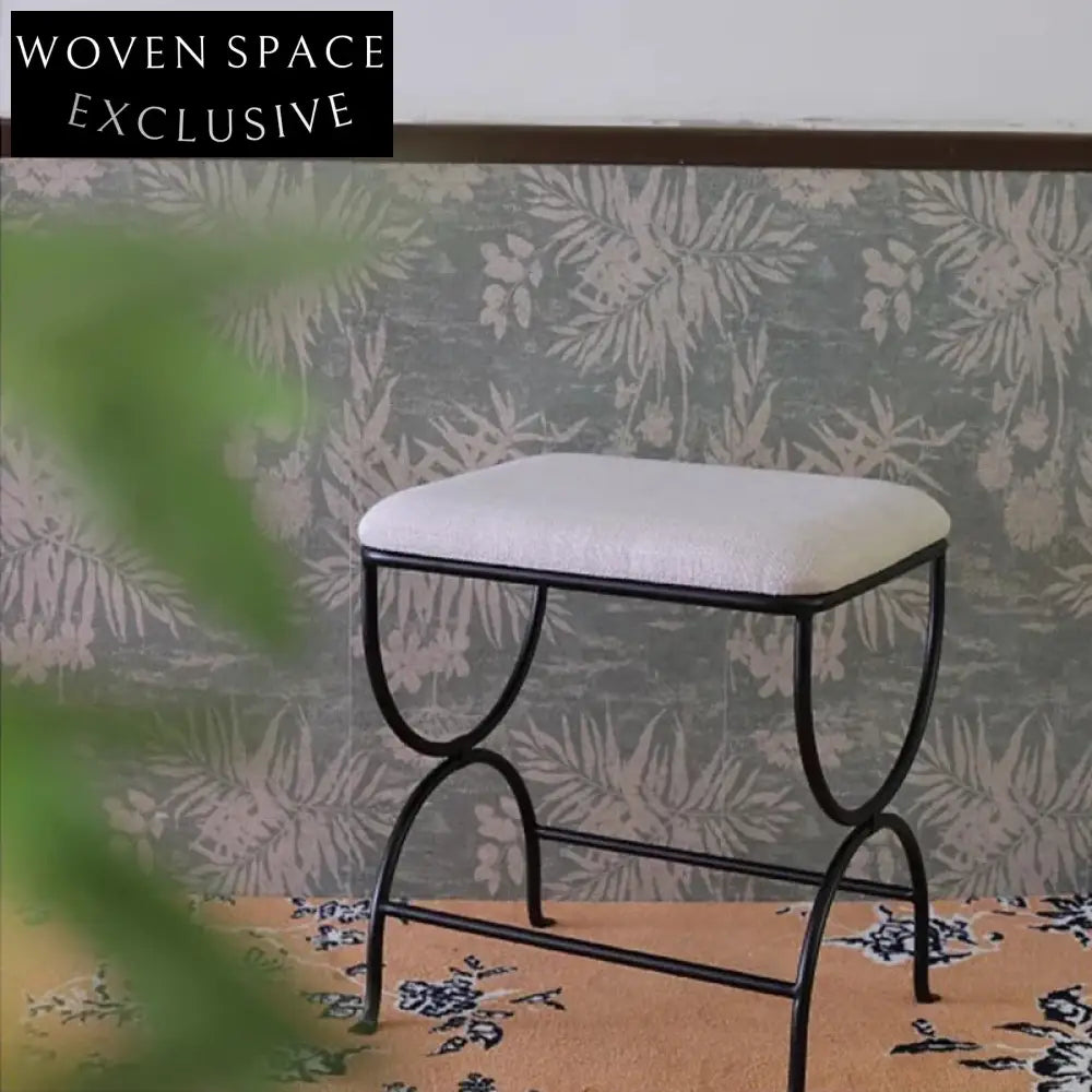 French Vintage Iron Metal Boucle Fabric Upholstered Ottoman Bench