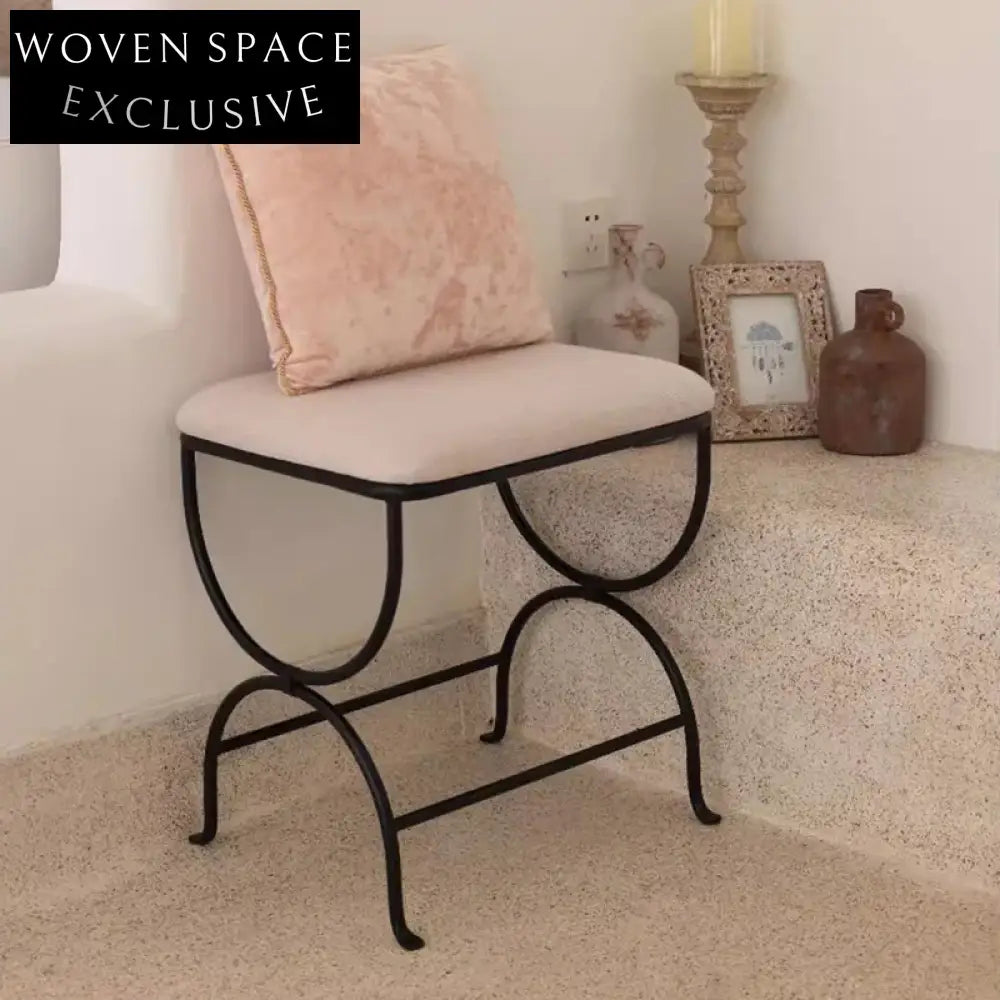 French Vintage Iron Metal Boucle Fabric Upholstered Ottoman Bench