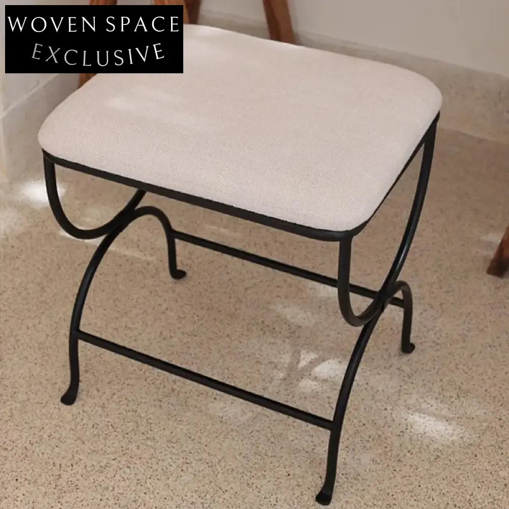 French Vintage Iron Metal Boucle Fabric Upholstered Ottoman Bench