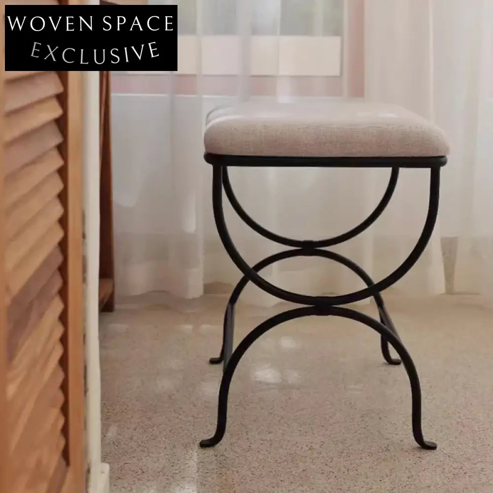 French Vintage Iron Metal Boucle Fabric Upholstered Ottoman Bench