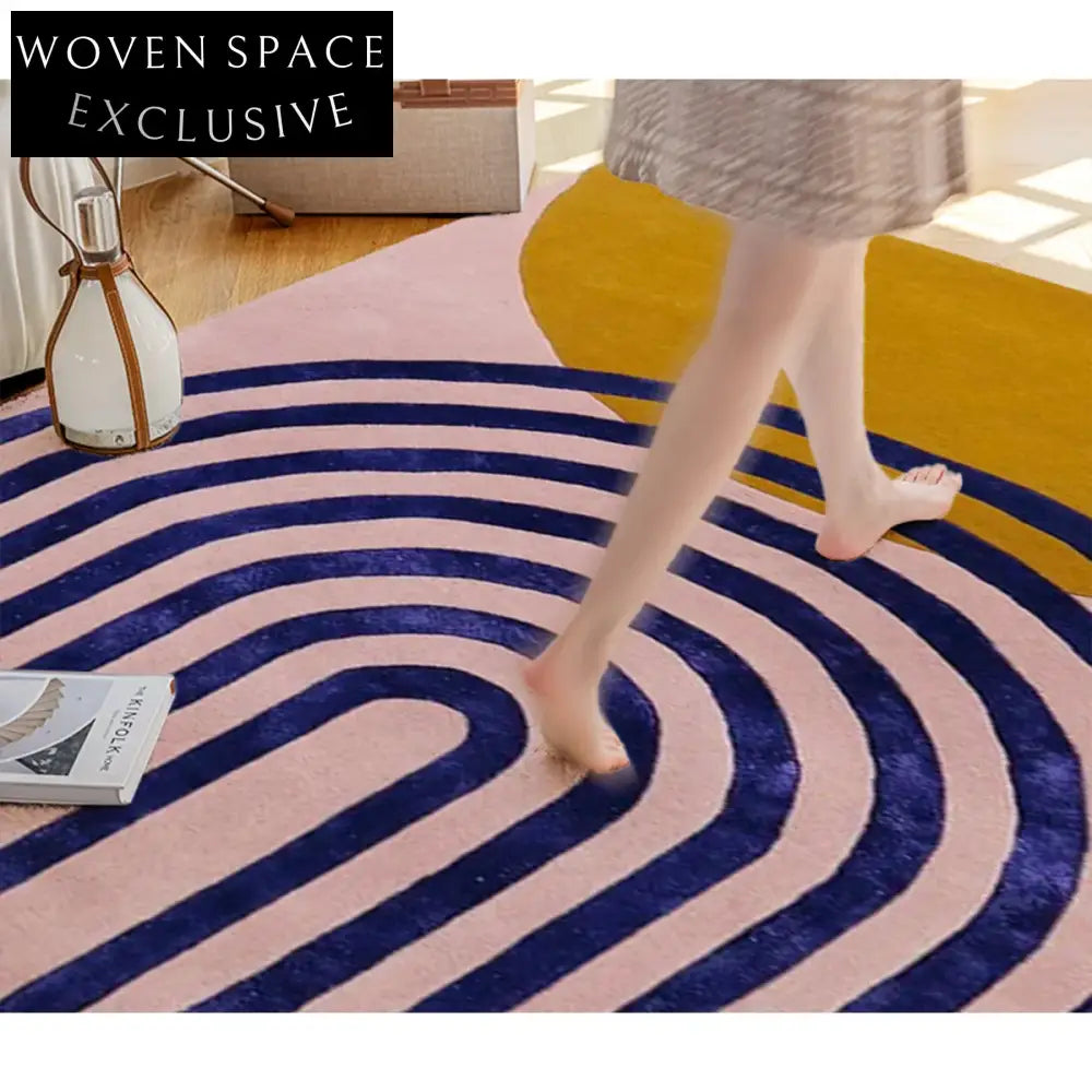 French Vintage Style Wool Coffee Table Rug - Modern Minimalist Striped Carpet