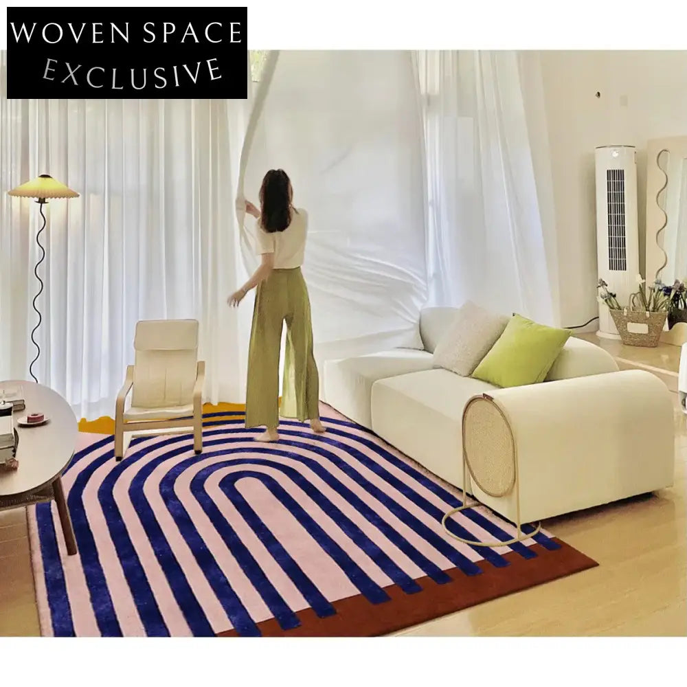 French Vintage Style Wool Coffee Table Rug - Modern Minimalist Striped Carpet