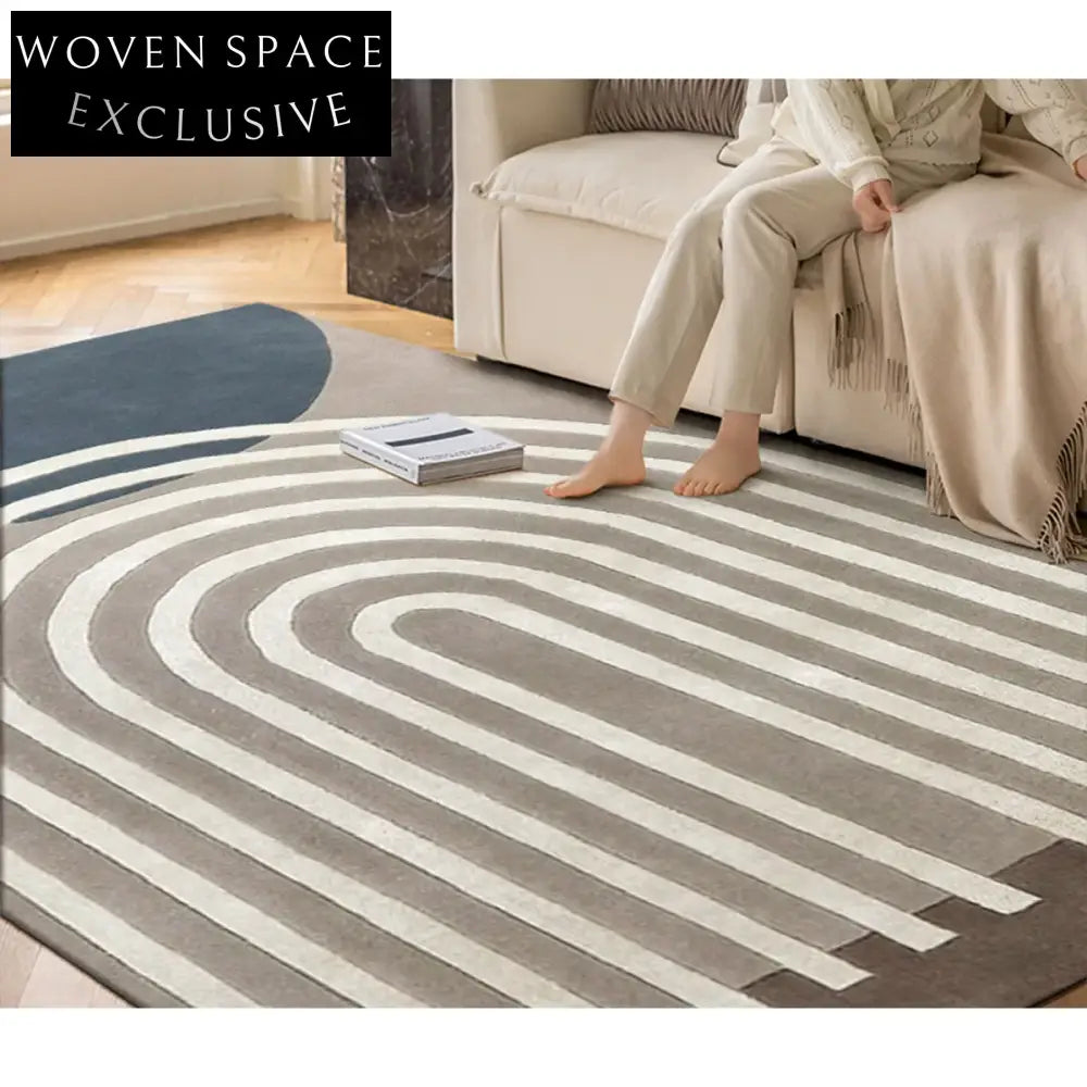 French Vintage Style Wool Coffee Table Rug - Modern Minimalist Striped Carpet
