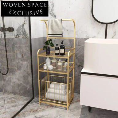 Gold Floor Standing Towel Rack with Marble Base & Laundry Basket