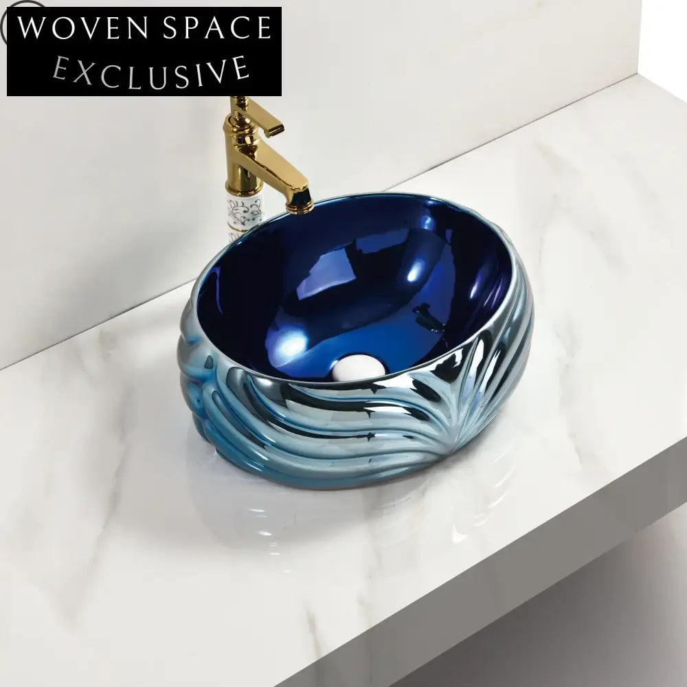 Handcrafted Electroplated Ceramic Round Blue Gold Vanity Art Basin Sink
