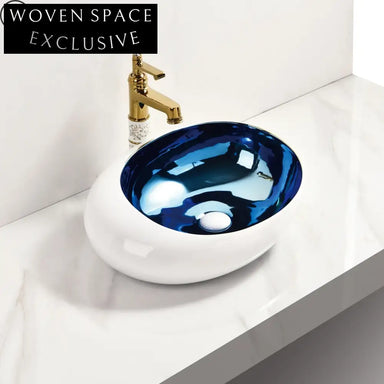 Handcrafted Electroplated Ceramic Round Blue Gold Vanity Art Basin Sink