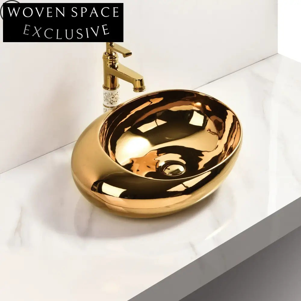 Handcrafted Electroplated Ceramic Round Blue Gold Vanity Art Basin Sink