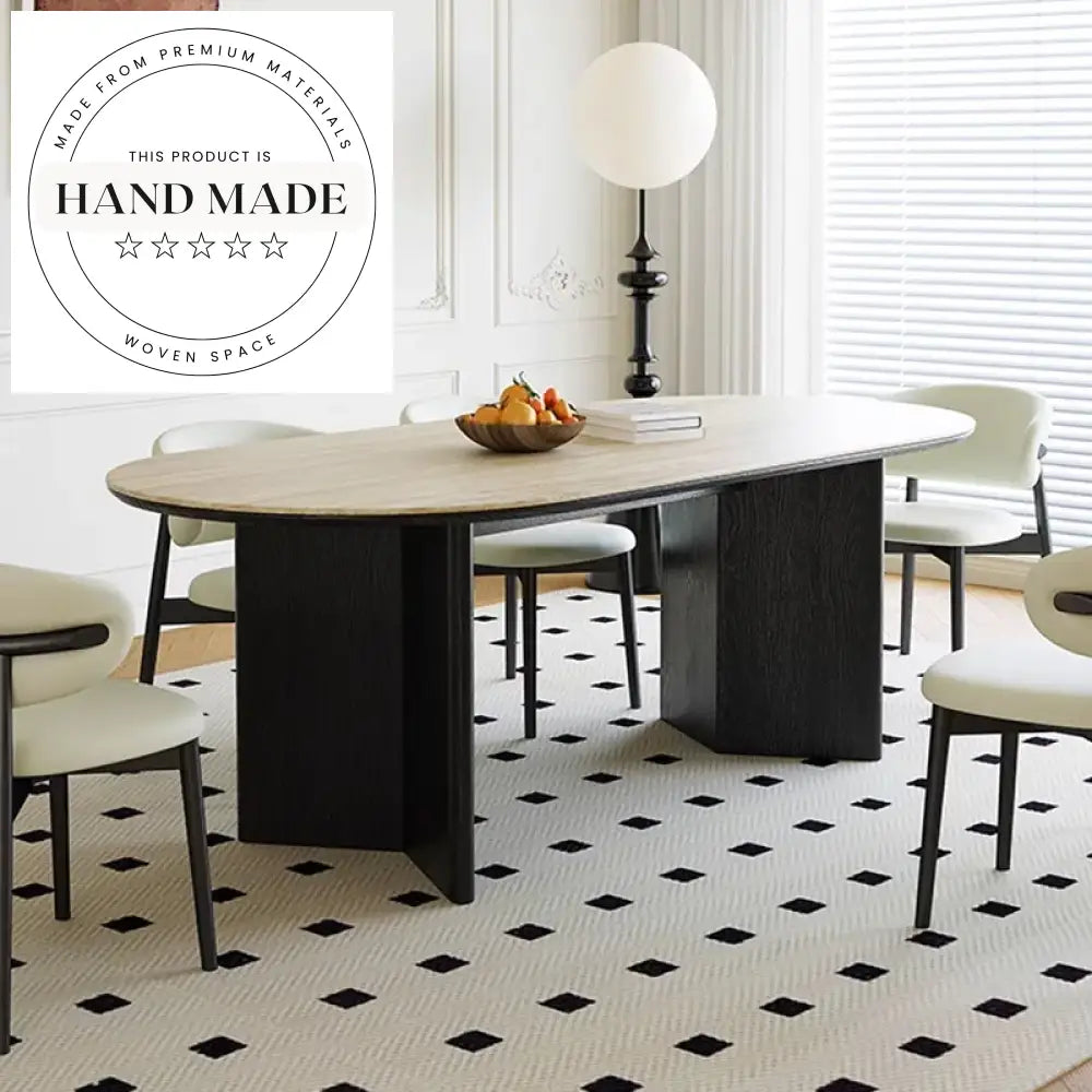 Handcrafted Modern Oval Travertine Slate Solid Wood Dining Table