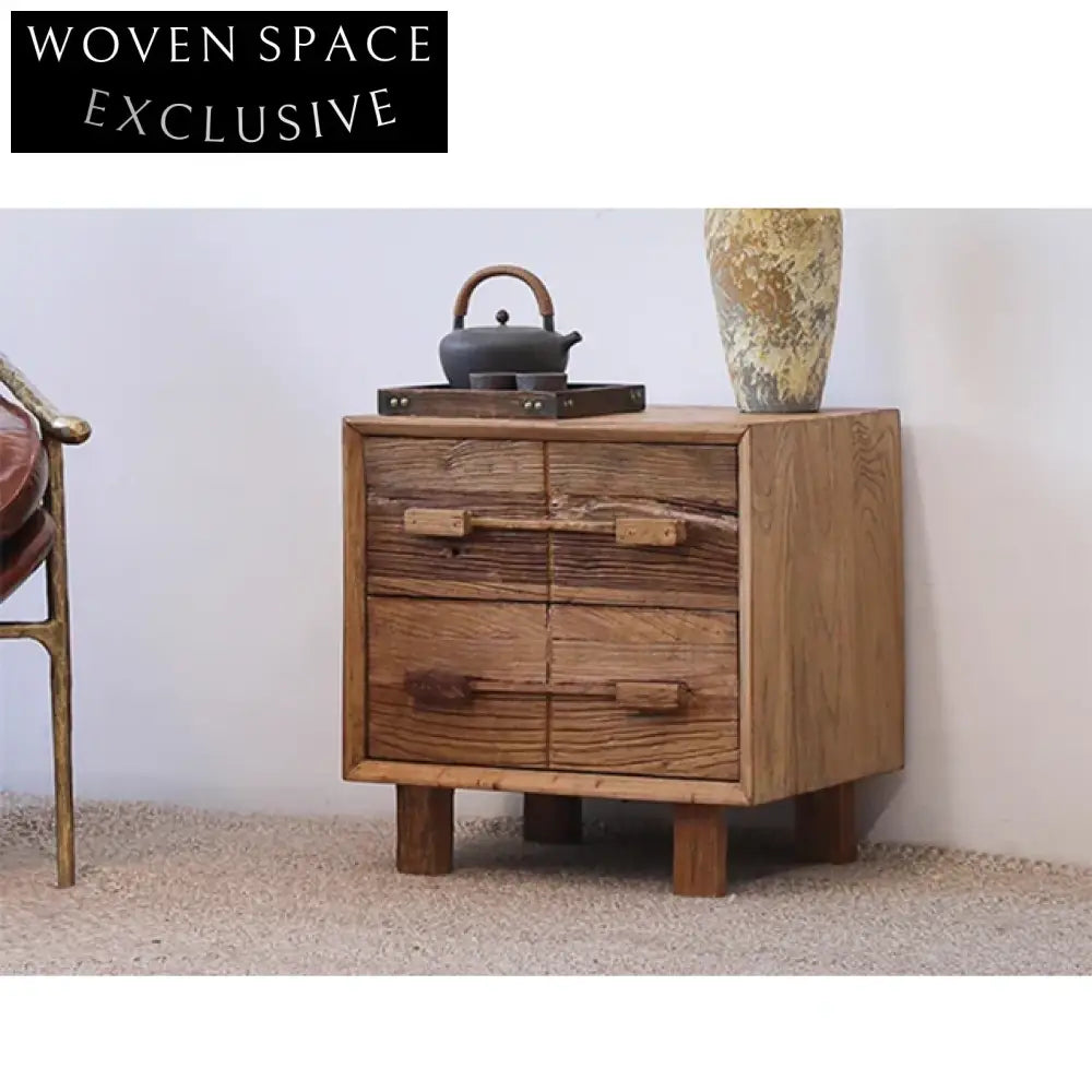 Handcrafted Wabi Sabi Aged Solid Elm Wood Bedside Table