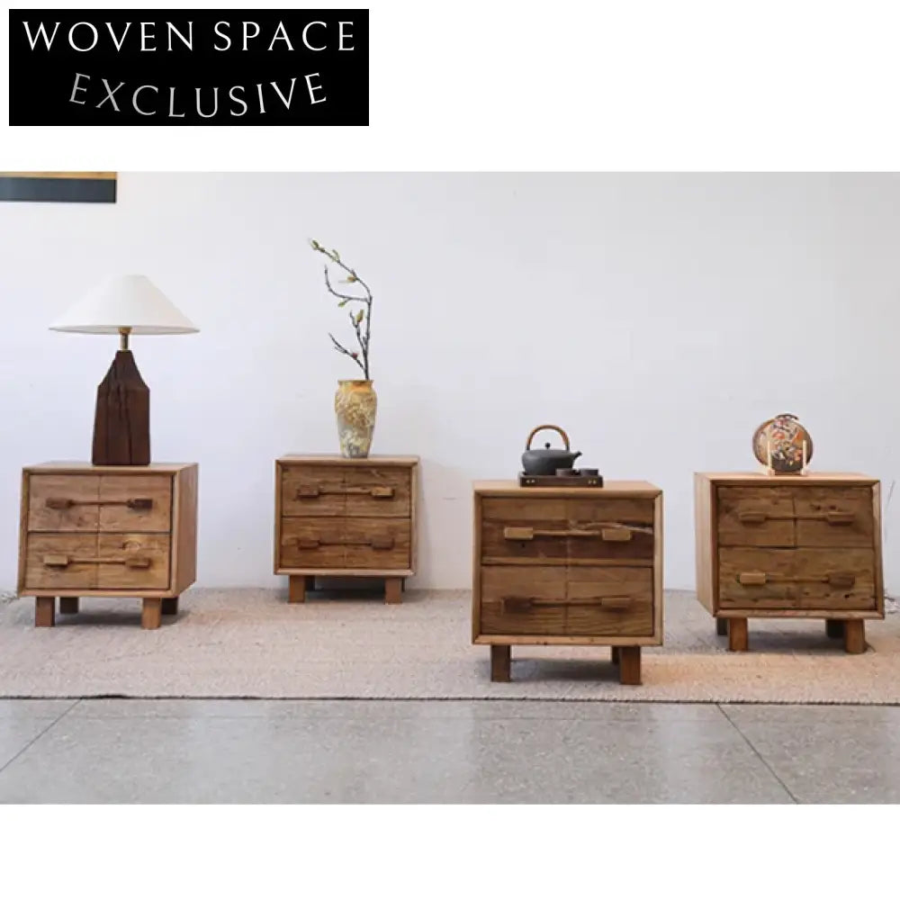 Handcrafted Wabi Sabi Aged Solid Elm Wood Bedside Table
