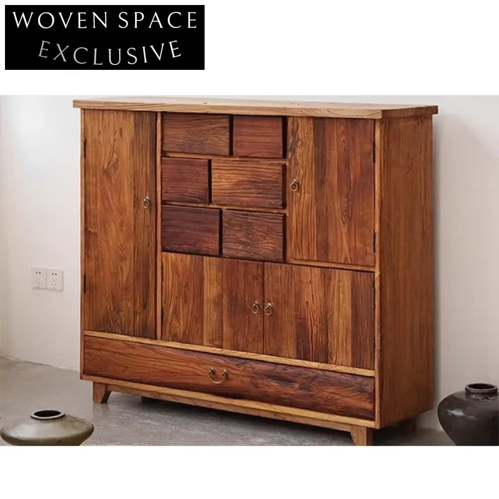 Handcrafted Wabi Sabi Solid Elm Wood Rustic Mountain Side Cabinet