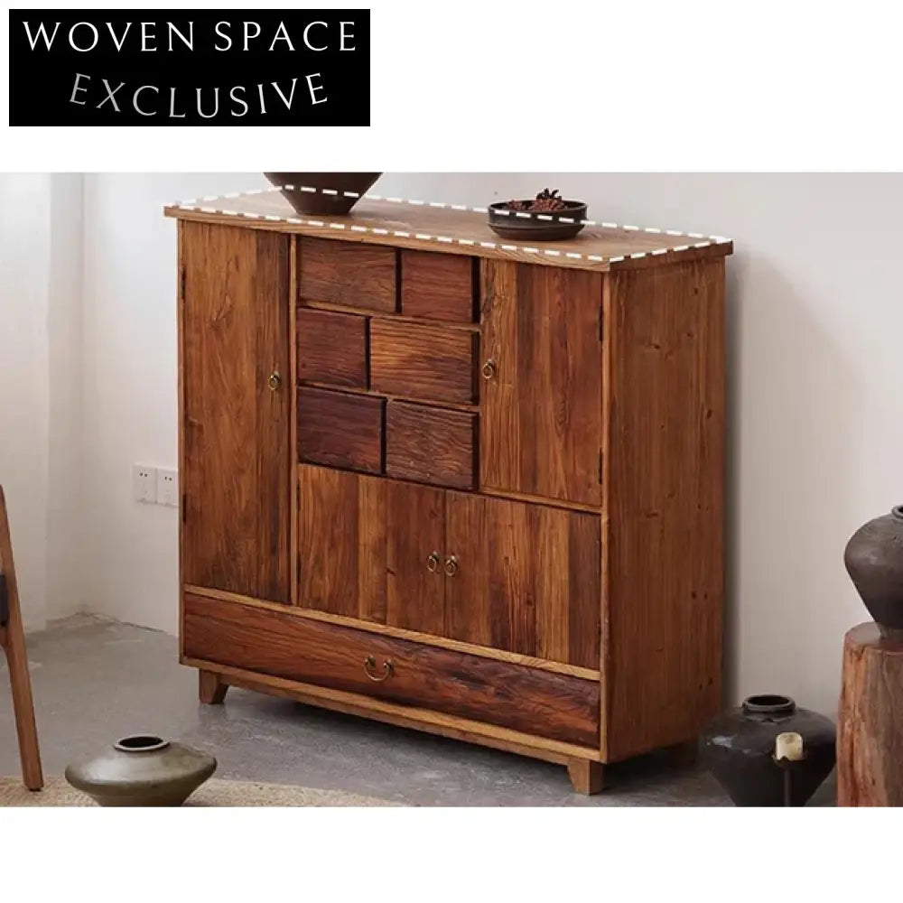 Handcrafted Wabi Sabi Solid Elm Wood Rustic Mountain Side Cabinet