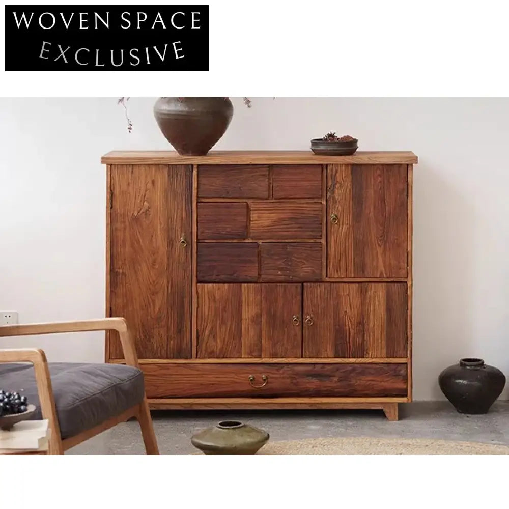 Handcrafted Wabi Sabi Solid Elm Wood Rustic Mountain Side Cabinet