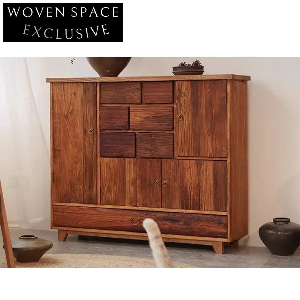 Handcrafted Wabi Sabi Solid Elm Wood Rustic Mountain Side Cabinet