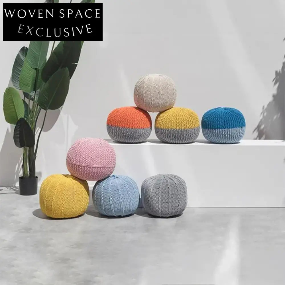 Handmade Knitted Cotton Yarn Round Floor Pouf Ottoman Stool Seat