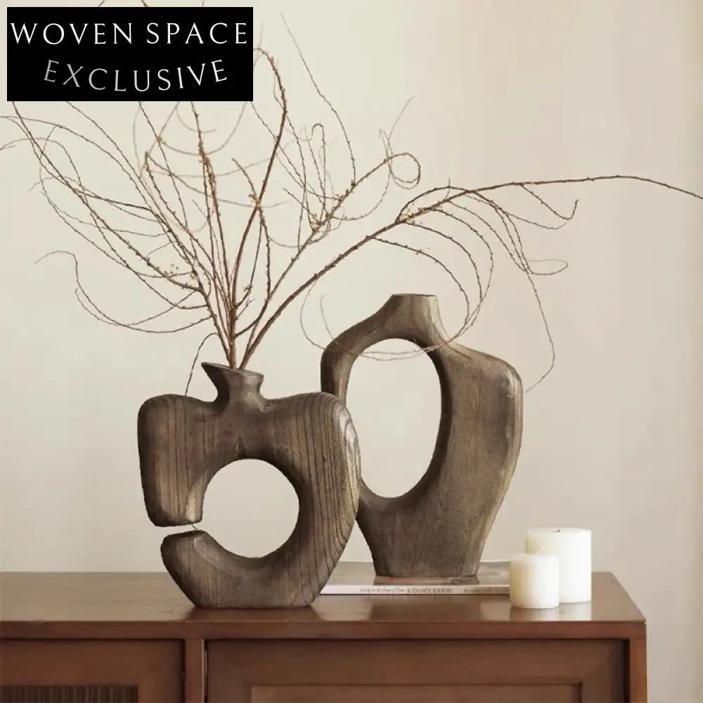 Handmade Wabi-Sabi Style Wood Flower Vase Elegant Tabletop Art Decor Accent