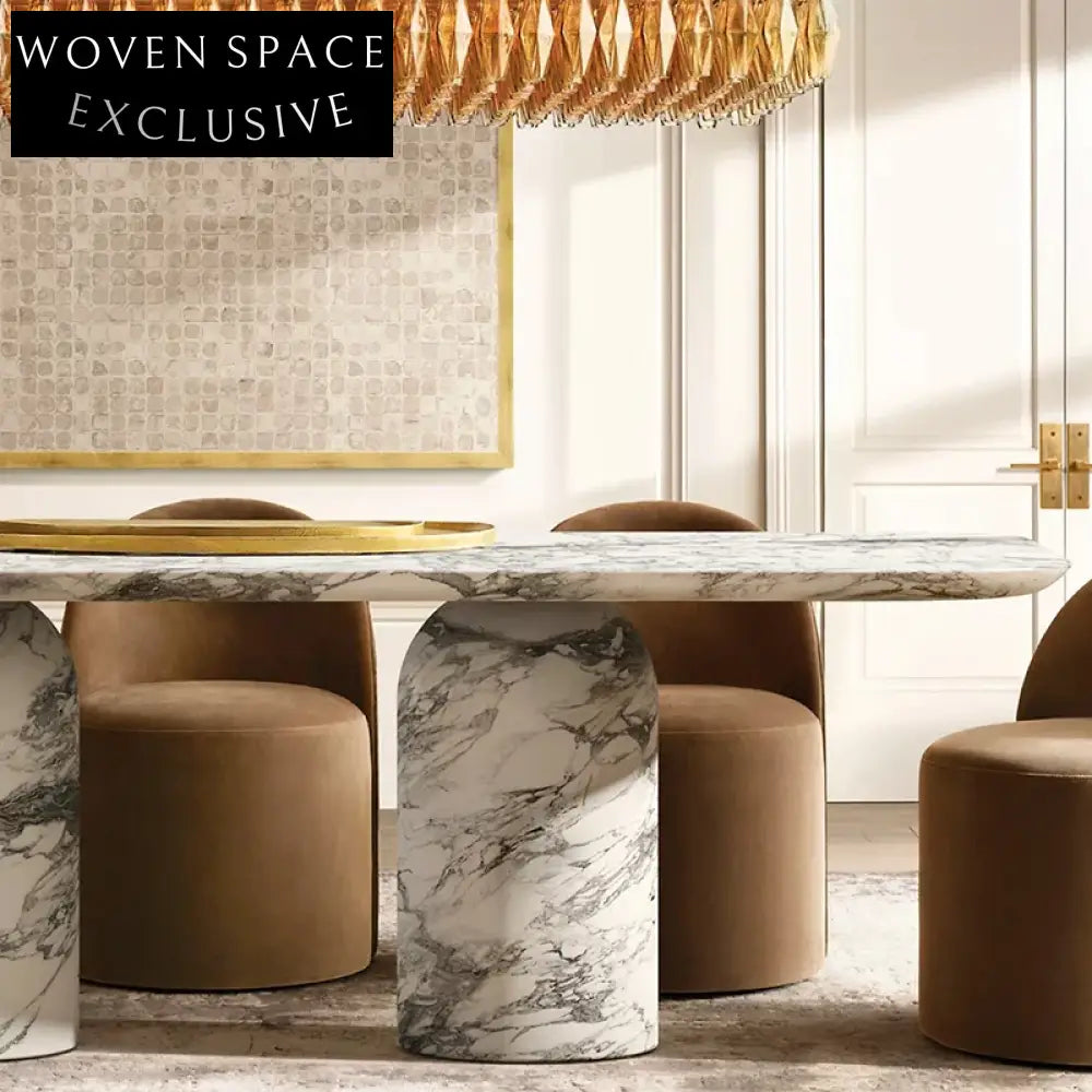 High-End Carved White Marble Round Dining Table for Luxury Homes