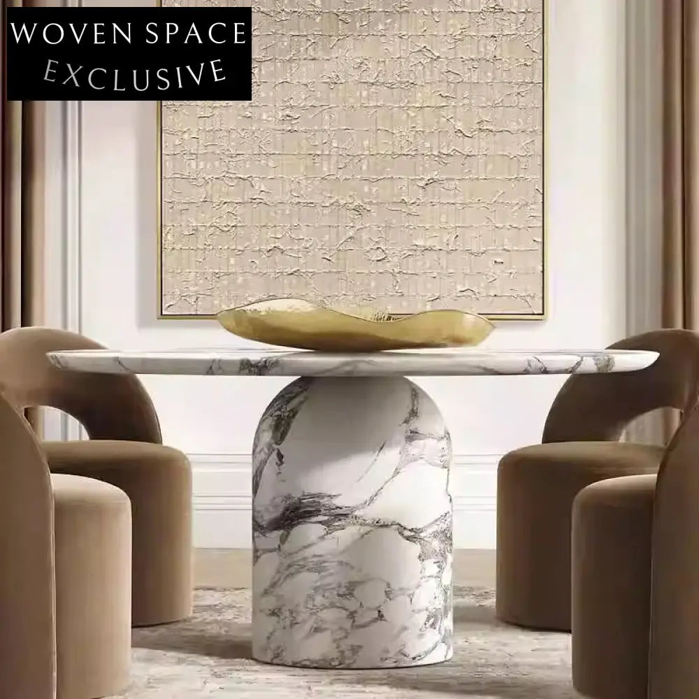 High-End Carved White Marble Round Dining Table for Luxury Homes