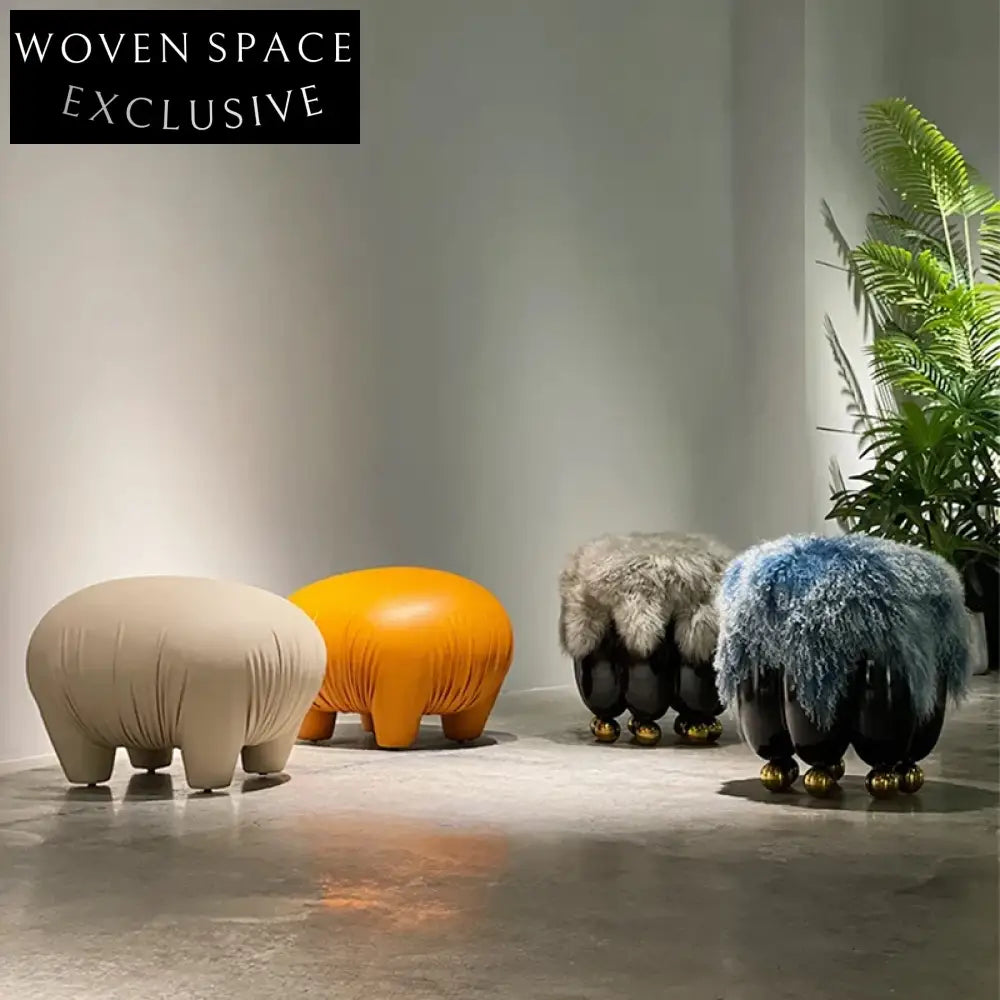 High-End Elegant Metal Base Tan Wool Fabric Round Low Ottoman Stool