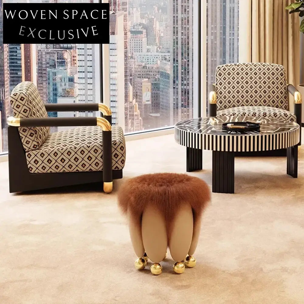 High-End Elegant Metal Base Tan Wool Fabric Round Low Ottoman Stool