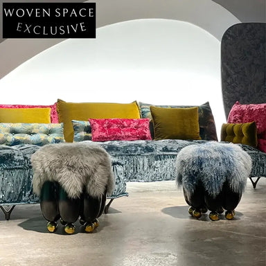 High-End Elegant Metal Base Tan Wool Fabric Round Low Ottoman Stool