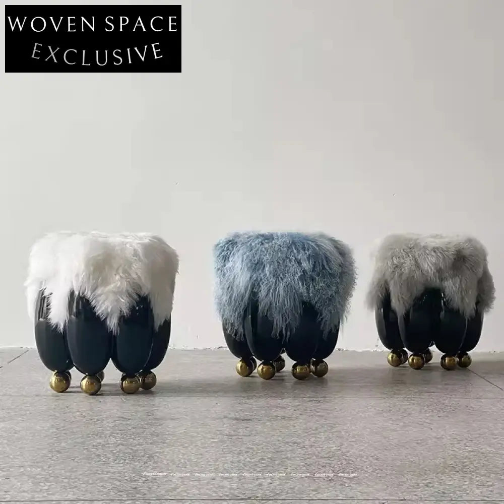 High-End Elegant Metal Base Tan Wool Fabric Round Low Ottoman Stool