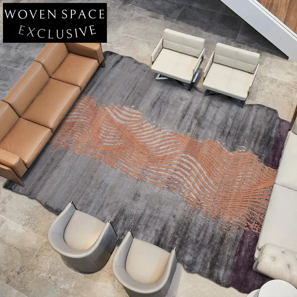 High-End Modern Italian Brown Tencel Area Rug with Abstract Geometric Lines