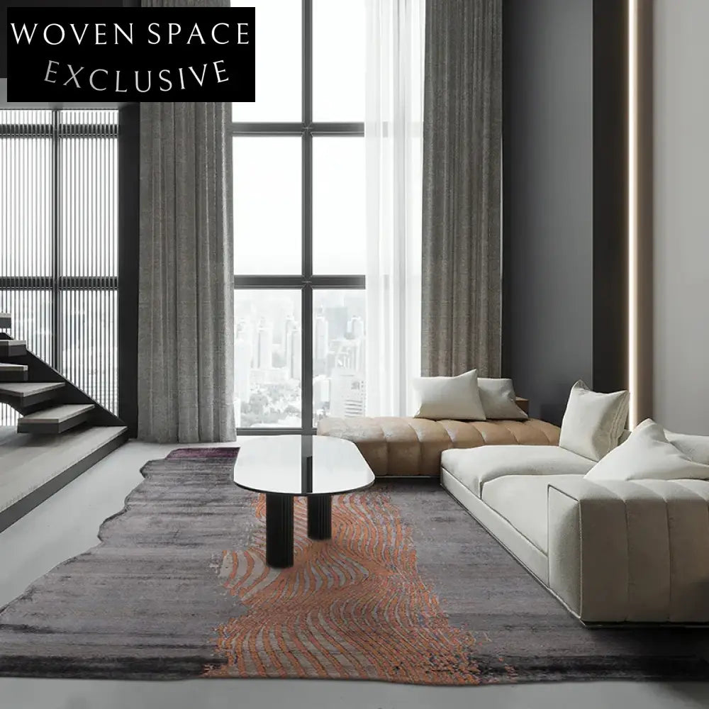 High-End Modern Italian Brown Tencel Area Rug with Abstract Geometric Lines