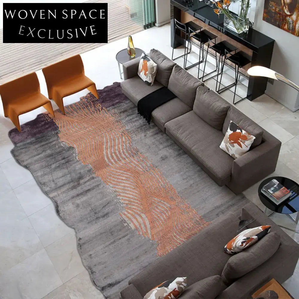 High-End Modern Italian Brown Tencel Area Rug with Abstract Geometric Lines