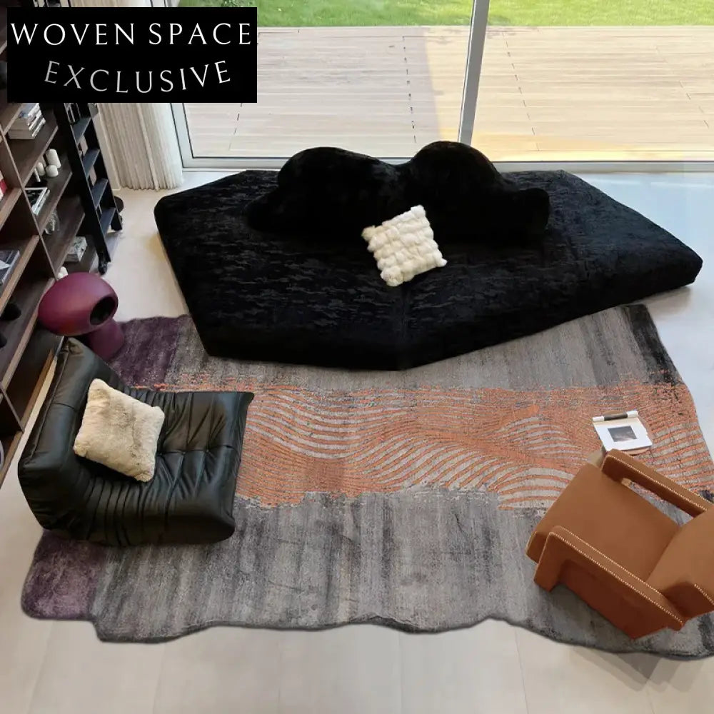 High-End Modern Italian Brown Tencel Area Rug with Abstract Geometric Lines