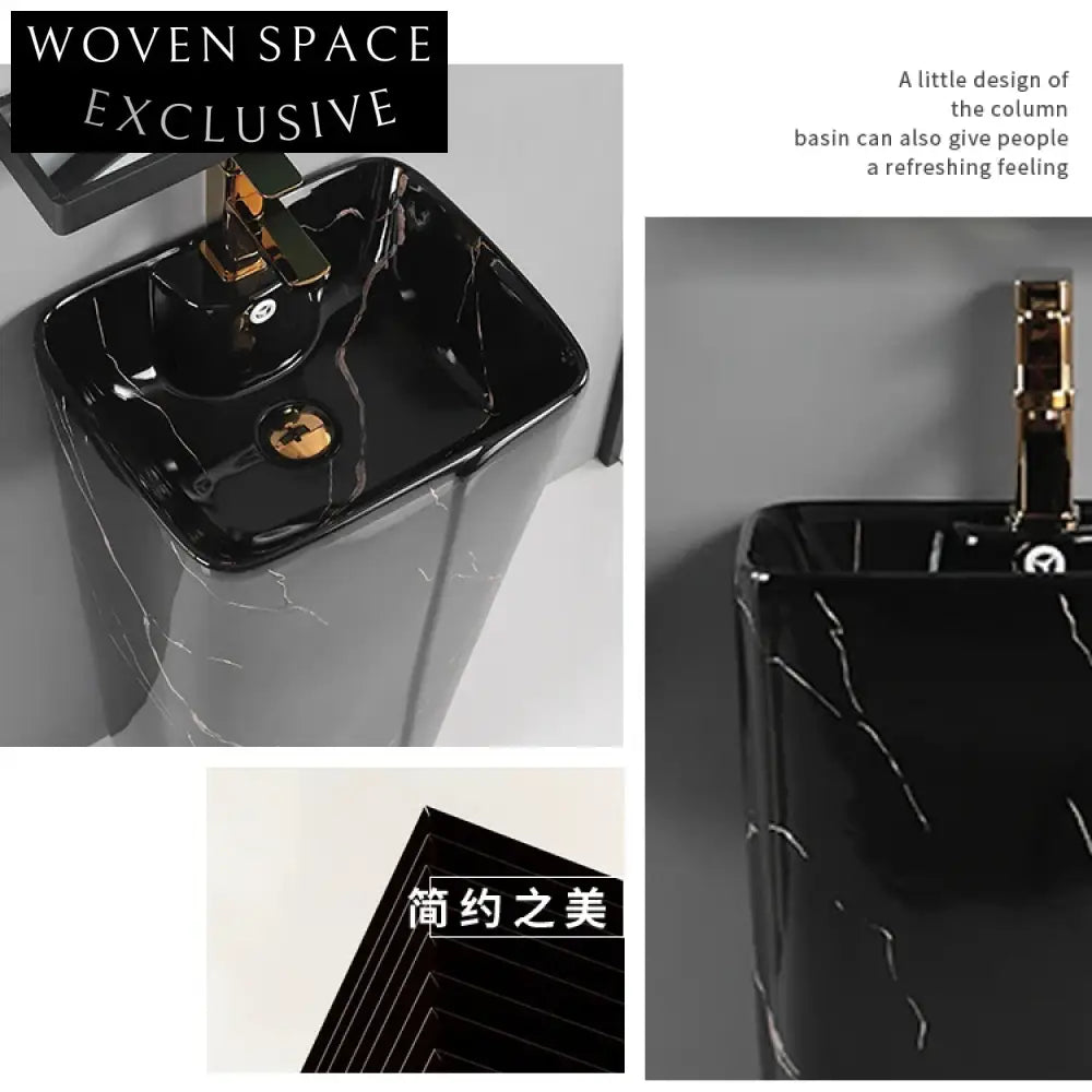 High Quality Modern Black Marble Design Freestanding Pedestal Bathroom Sink Basin