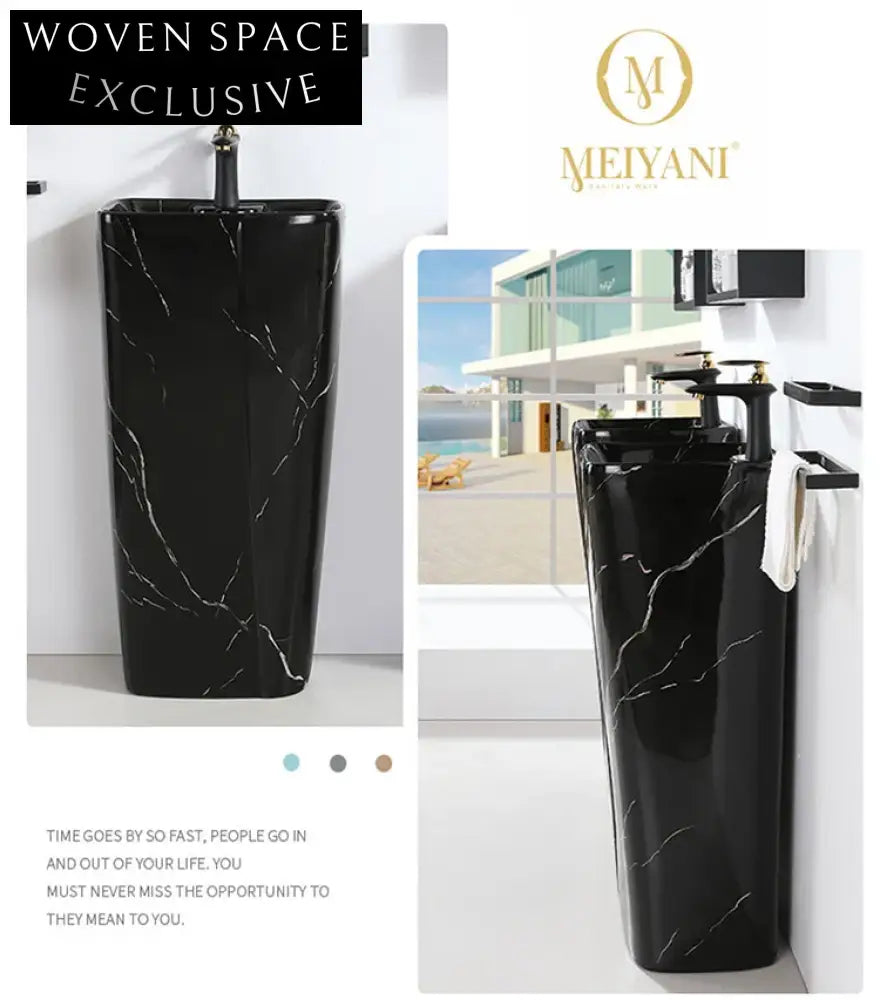 High Quality Modern Black Marble Design Freestanding Pedestal Bathroom Sink Basin