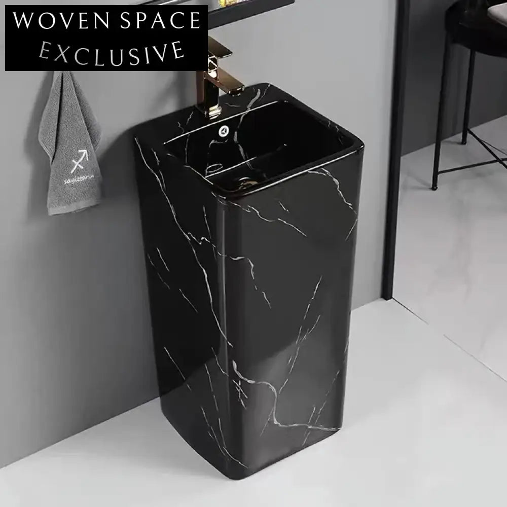 High Quality Modern Black Marble Design Freestanding Pedestal Bathroom Sink Basin