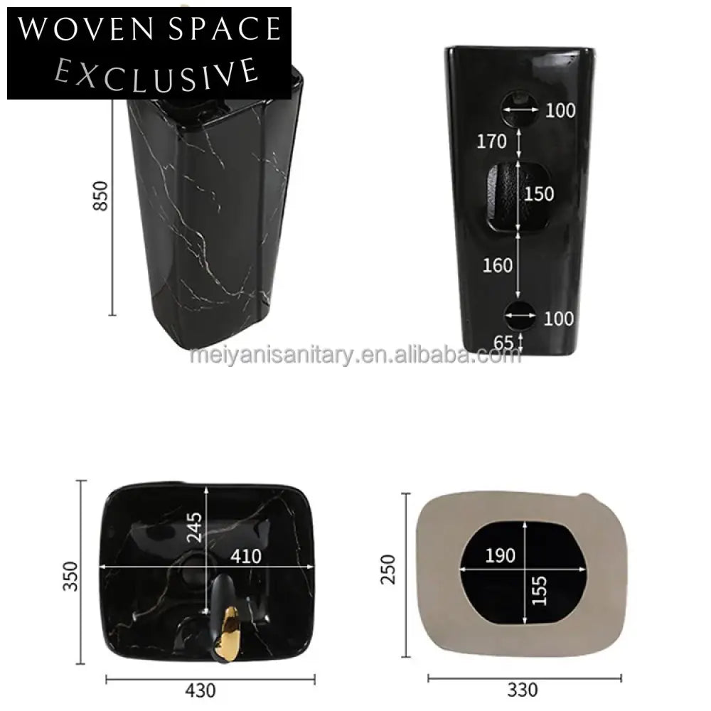 High Quality Modern Black Marble Design Freestanding Pedestal Bathroom Sink Basin